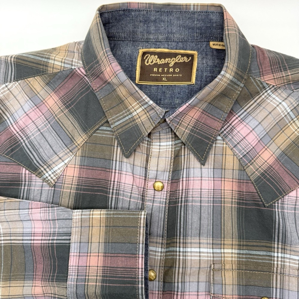 Wrangler Retro Western Shirt Mens XL Grey Pink Plaid Snap Front MVR164M